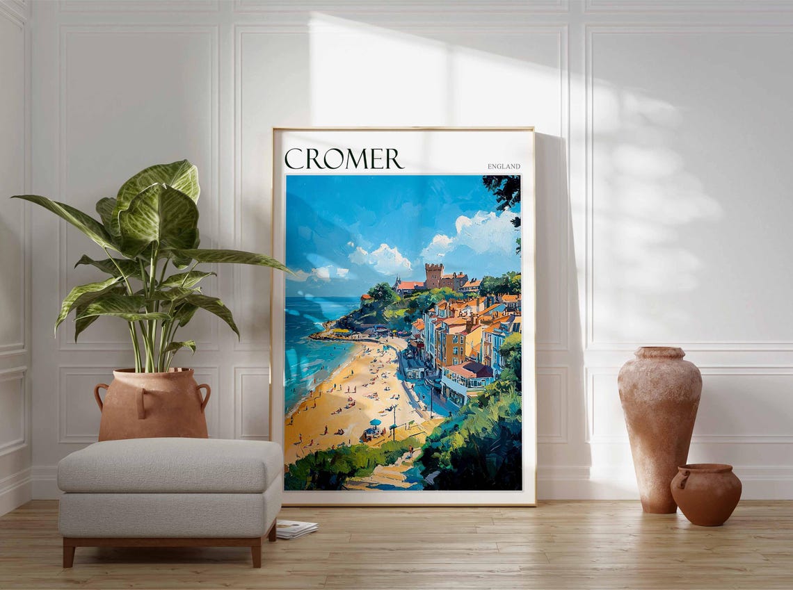 Cromer England Beach with Castle Hill and Red Rooftops Poster - Image 3
