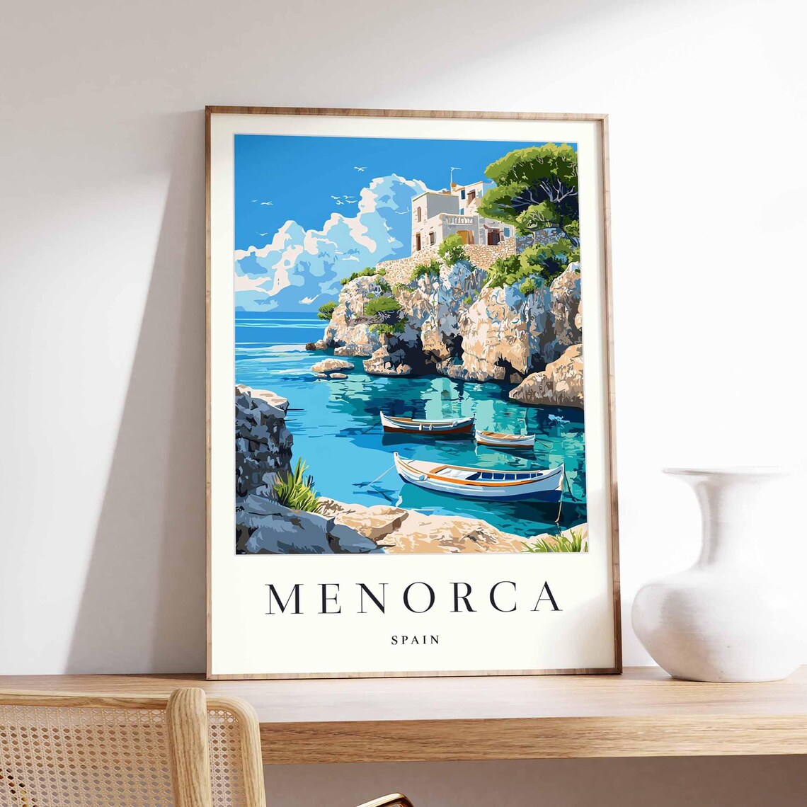 Menorca Spain Rocky Cove Boats Cliff House Travel Art Poster