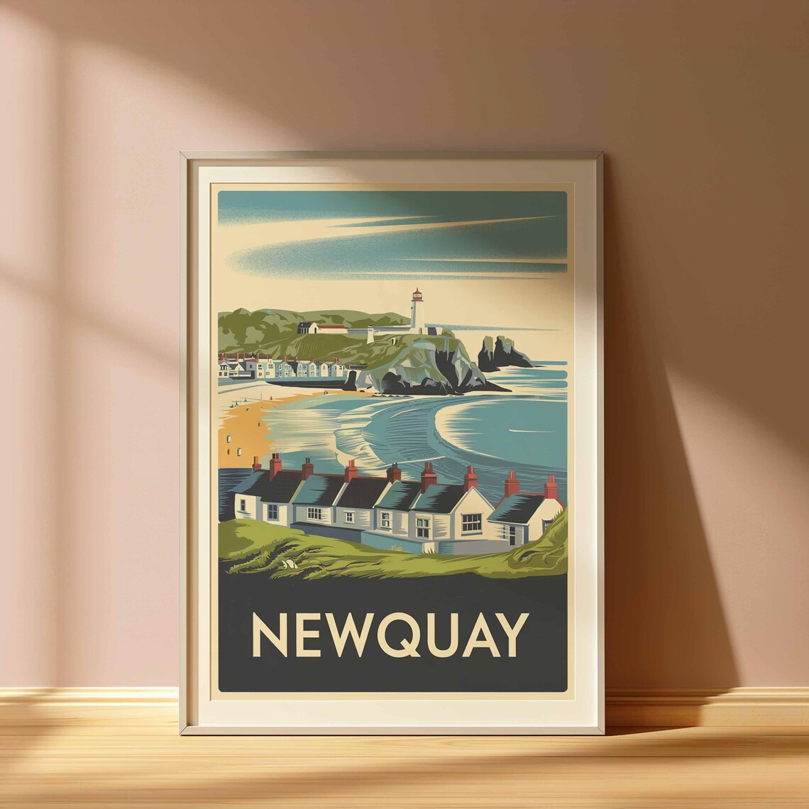 Newquay England Lighthouse Cottages Coast Retro Travel Poster - Image 3