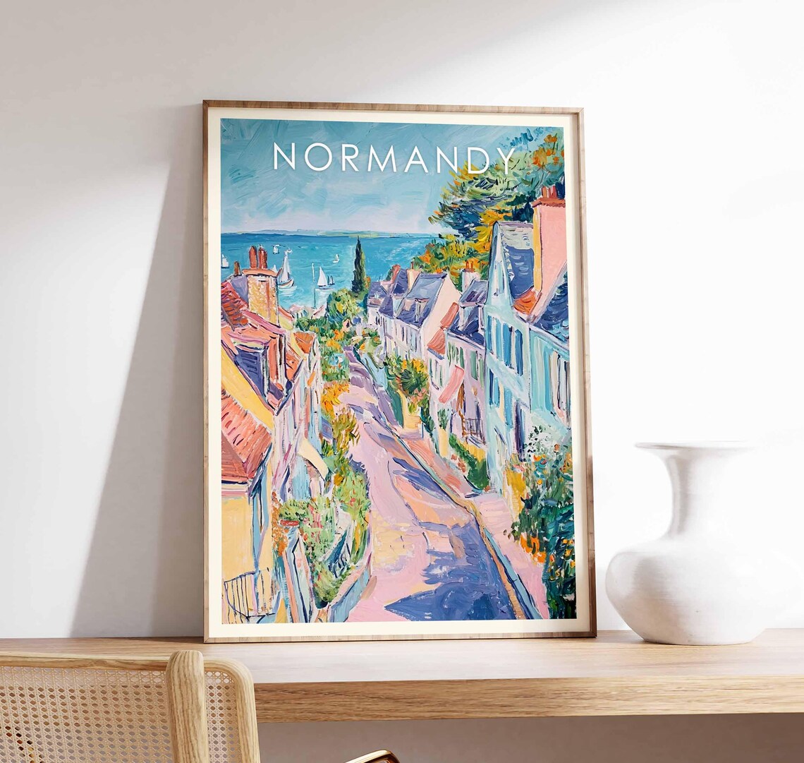 Normandy France Seaside Village Street Sailboats Coast Poster