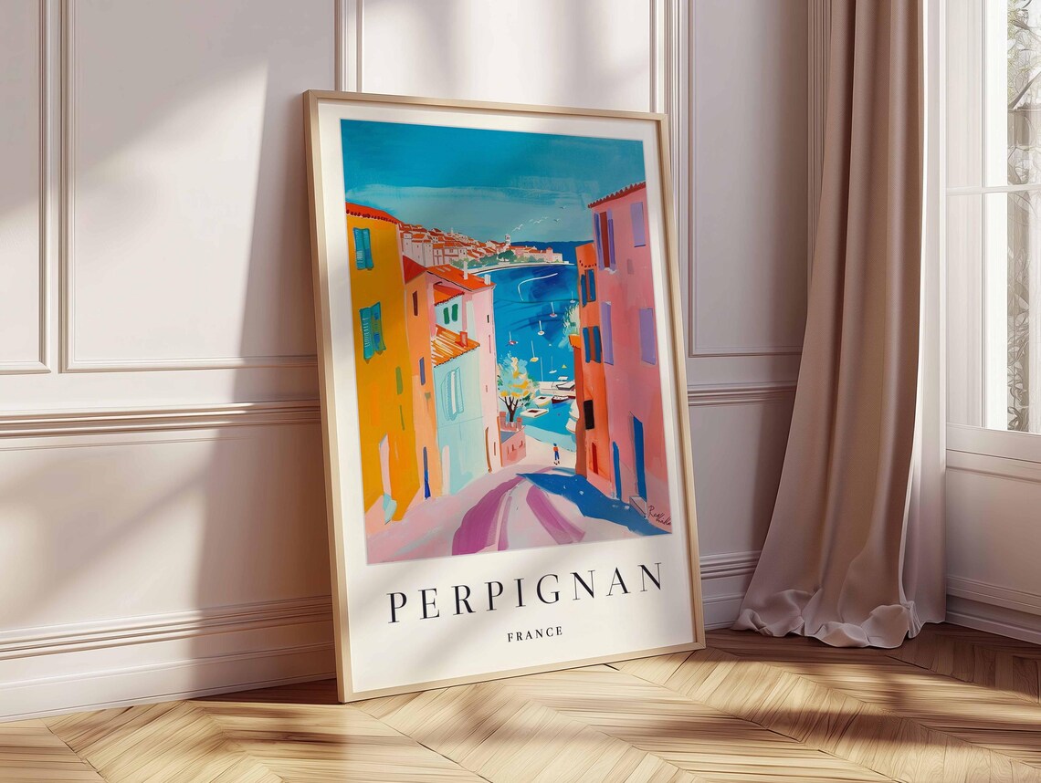 Perpignan France Colorful Alley Street View to Harbor Sailboats Poster - Image 2