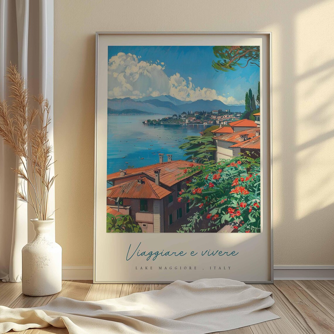 Lake Maggiore Terracotta Rooftops Lake Vista Watercolor Poster - Image 2