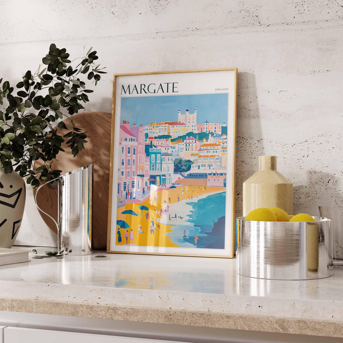 Margate England Beachfront Pastel Buildings Umbrellas Art Poster - Image 2