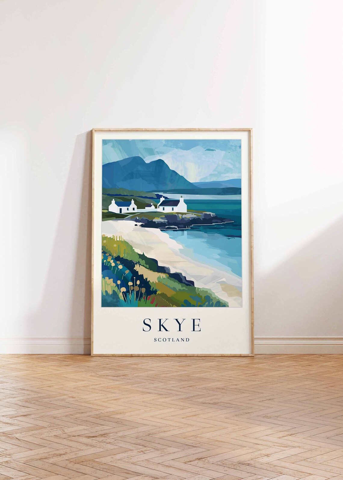 Skye Scotland White Cottages By The Sea Landscape Art Poster - Image 2