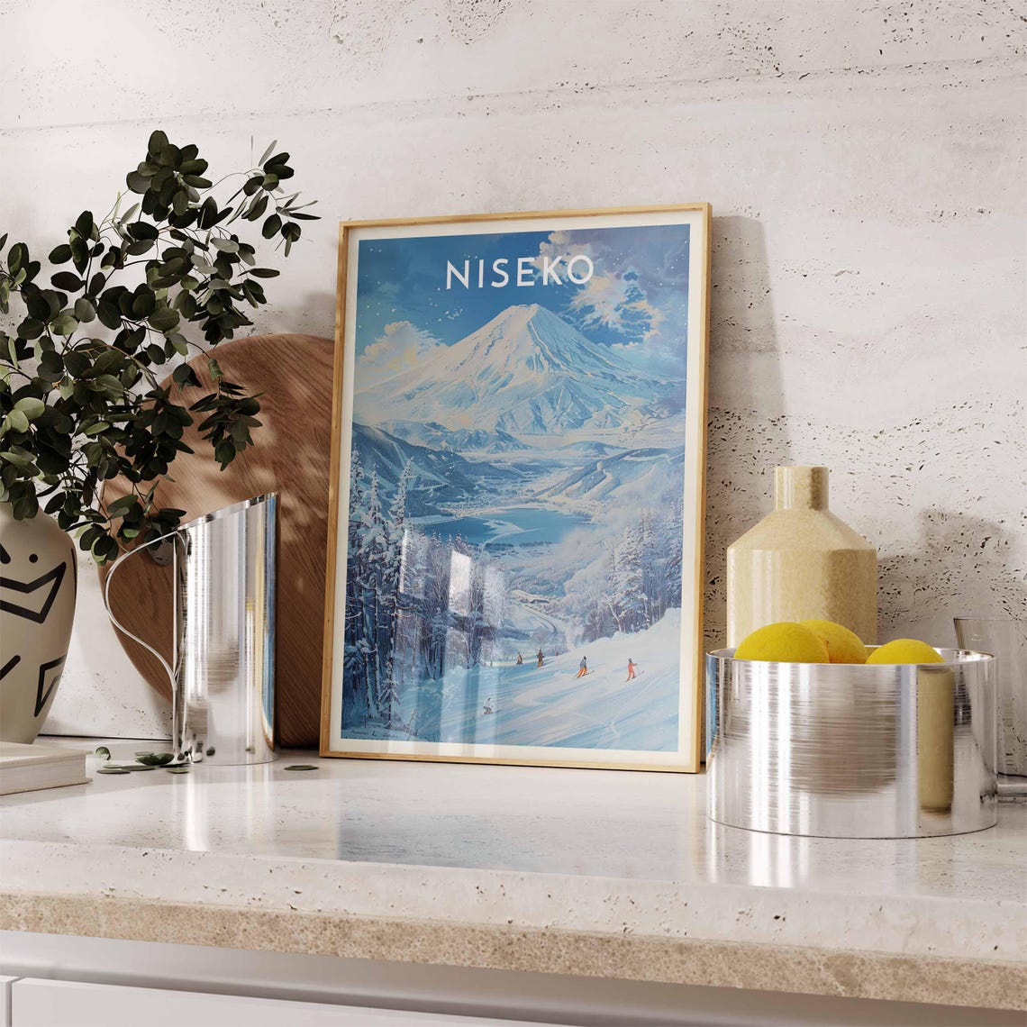 Niseko Japan Skiers On Slope Town And Snow Peak Panorama Travel Poster - Image 2