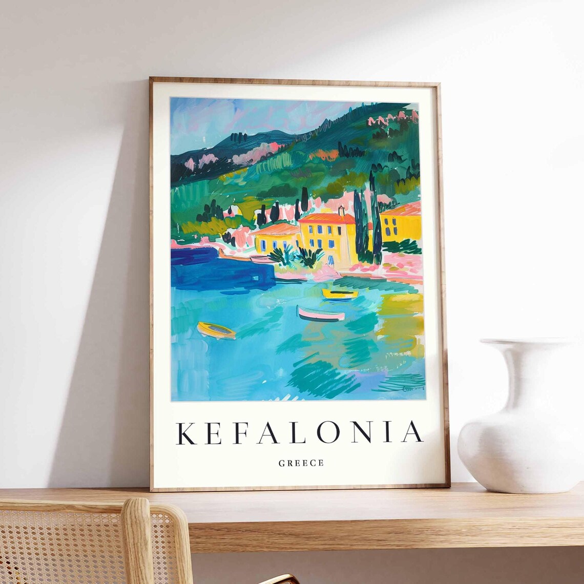 Kefalonia Greece Yellow Houses Coast Boats Ionian Sea Travel Poster