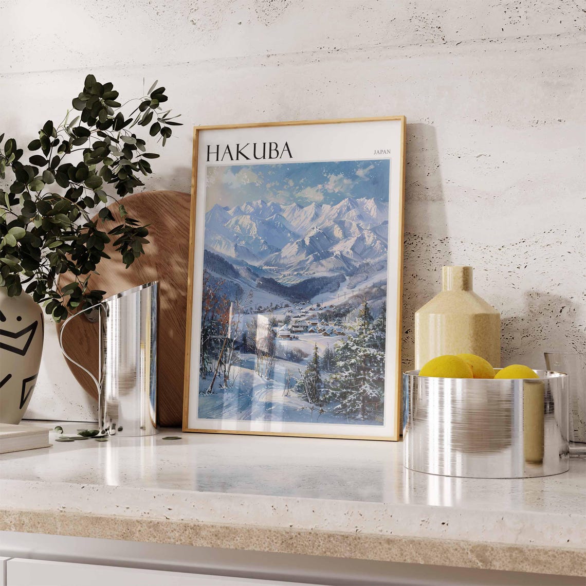 Hakuba Japan Alpine Village Bright Blue Peaks Ski Scene Poster - Image 2