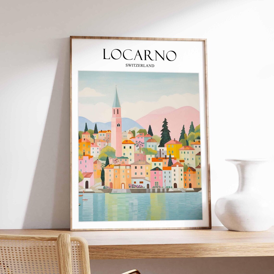 Locarno Switzerland Lake Town Pastel Watercolor Travel Poster