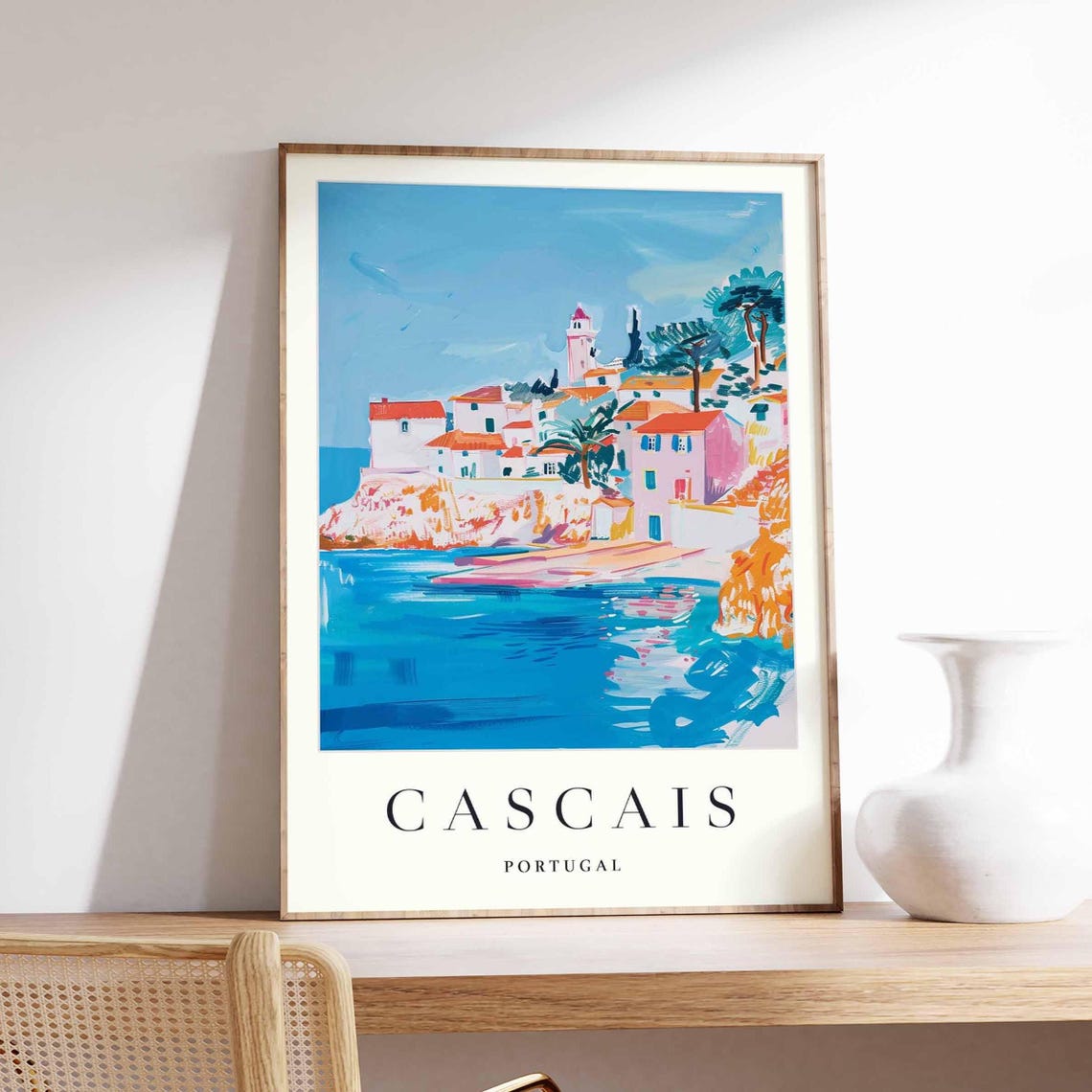 Cascais Portugal Painted Harbor Lighthouse Seaside Travel Poster