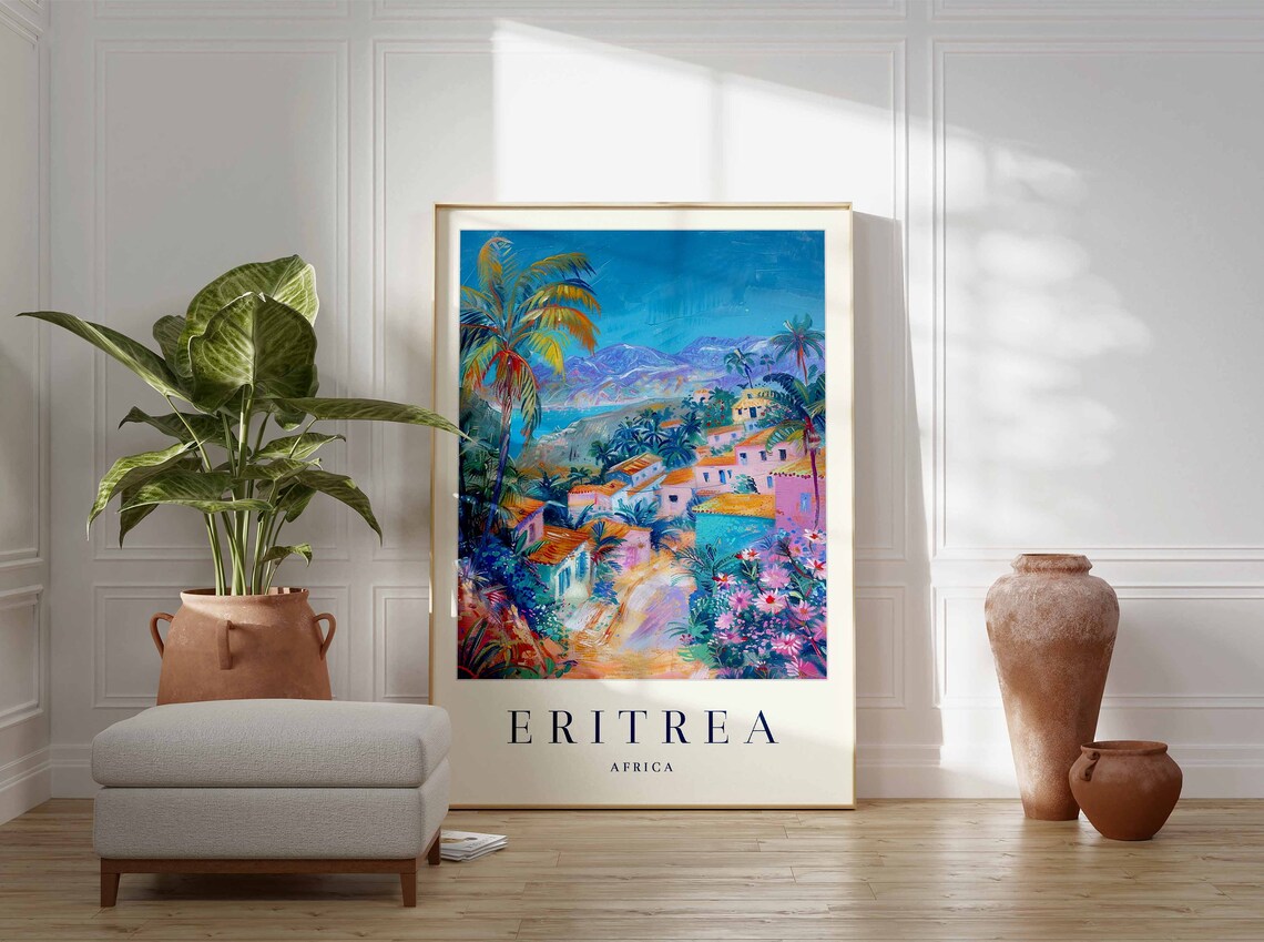 Eritrea Africa Colorful Coastal Town Palms Painted Travel Poster - Image 3