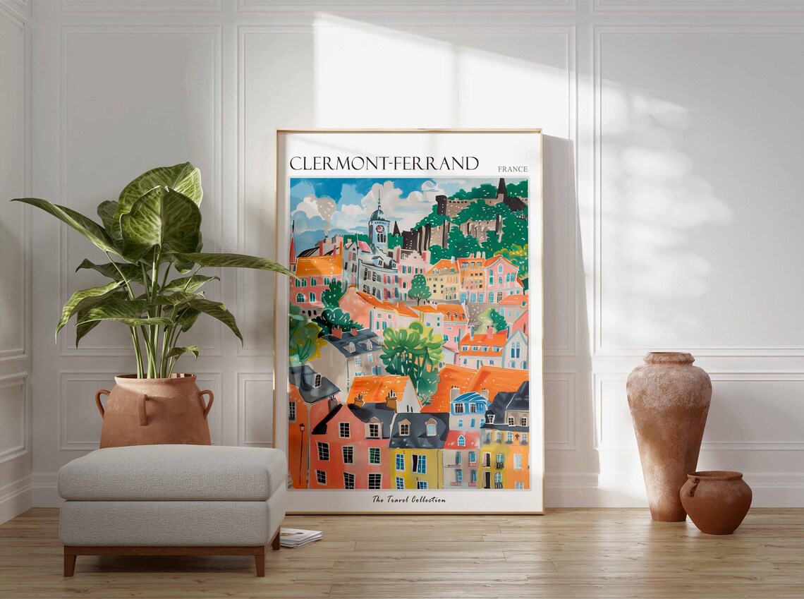 Clermont-Ferrand France Pastel Rooftops Hill Town Painting Poster - Image 3