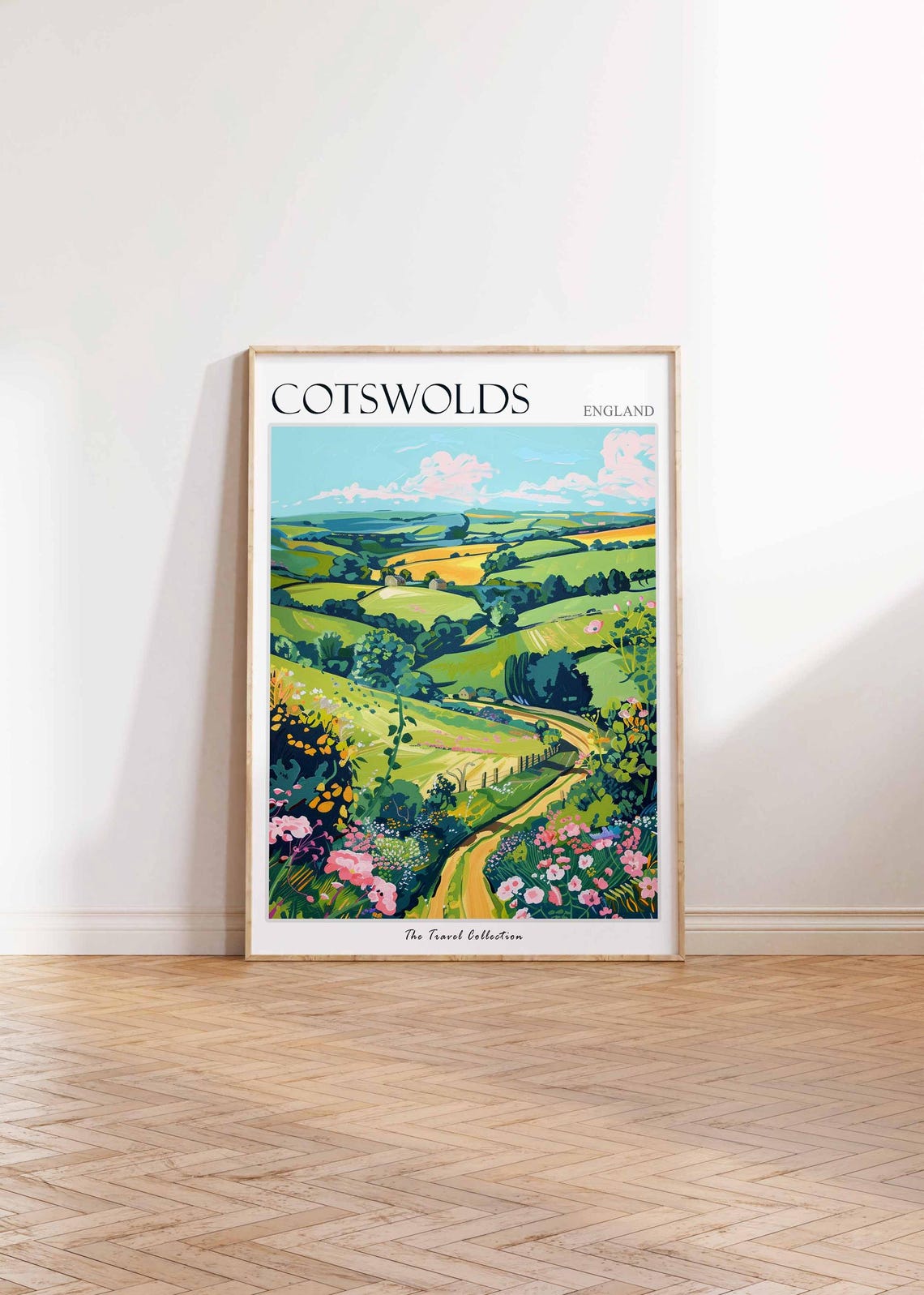 Cotswolds England Winding Road Patchwork Fields Pink Flowers Poster - Image 2