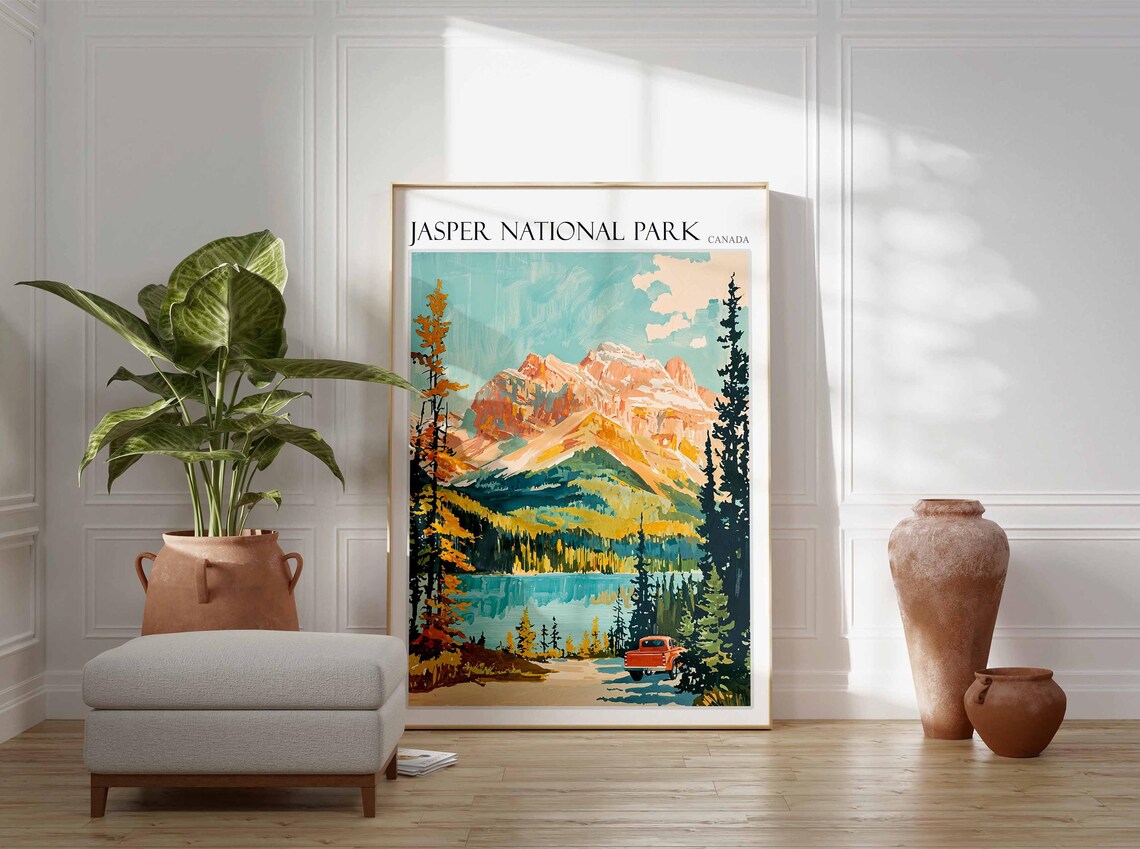 Jasper National Park Autumn Lakeside Red Truck Travel Poster - Image 2