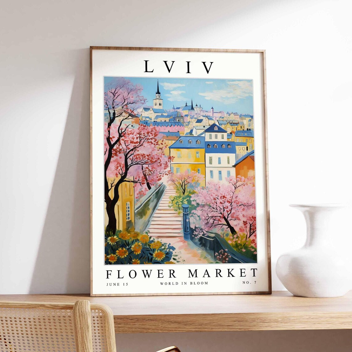 Lviv Flower Market Cherry Blossom Staircase Street Pastel Town Poster