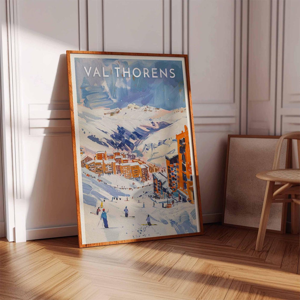 Val Thorens France Skiers Pastel Village Slopes Brushwork Poster - Image 3