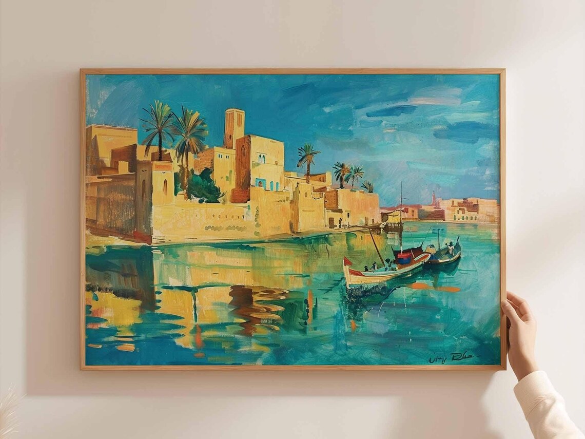 Mediterranean Harbor Old Town Boats Palm Trees Oil Painting Poster