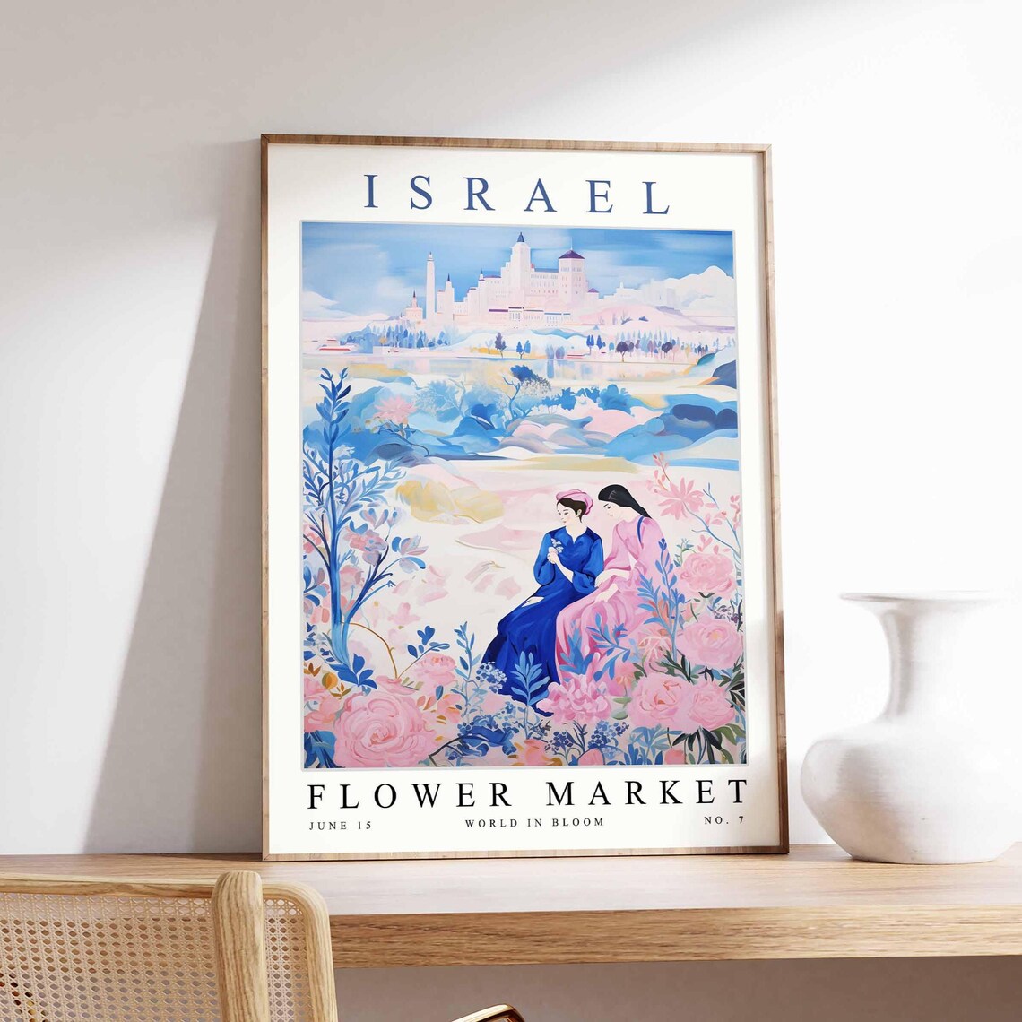 Israel Pastel Watercolor Rose Garden Castle Flower Market Poster