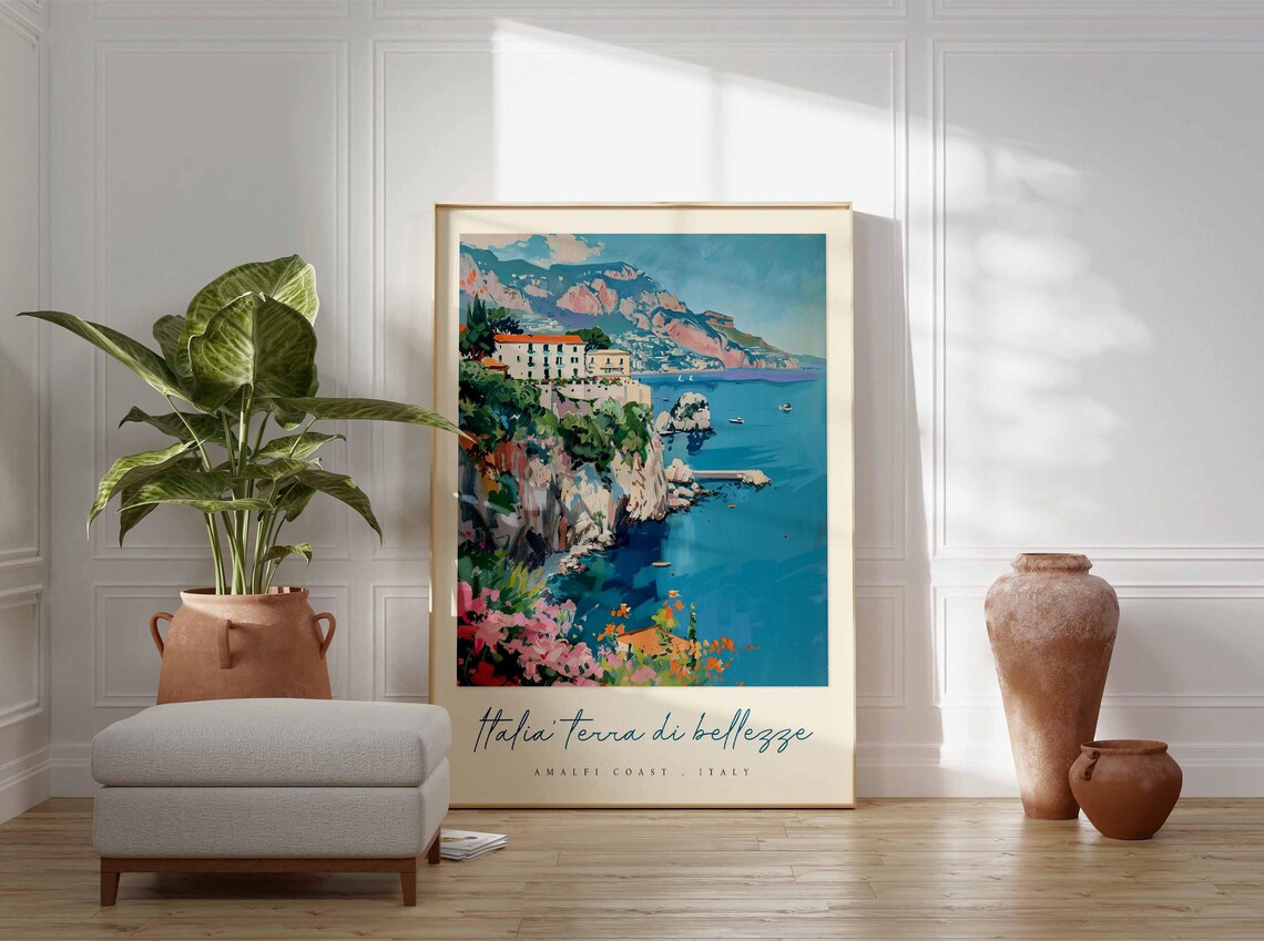Amalfi Coast Rocky Cliffs Seaside Villa Boats Floral Scenic Poster - Image 3