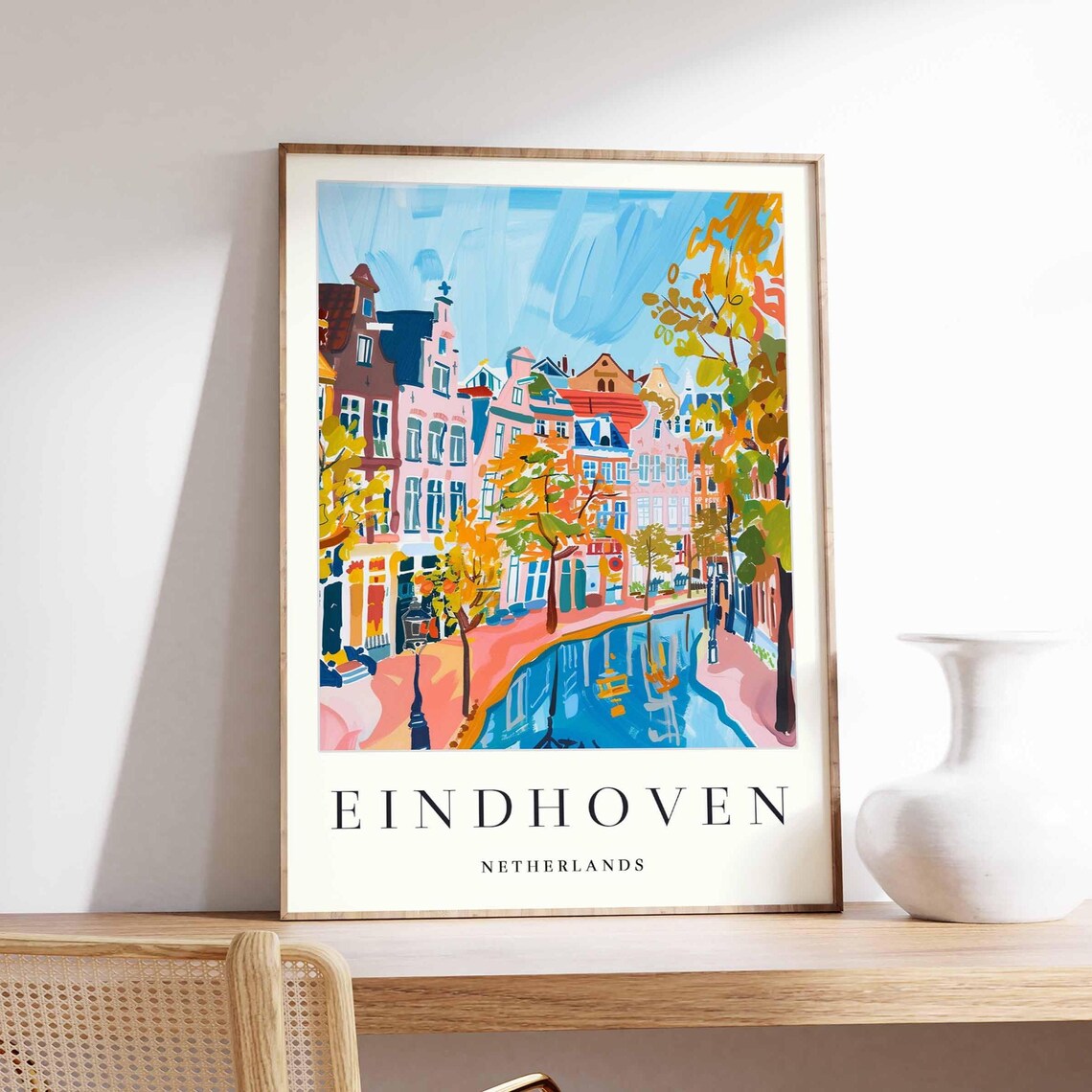 Eindhoven Netherlands Autumn Canal Houses Colorful Travel Poster Art