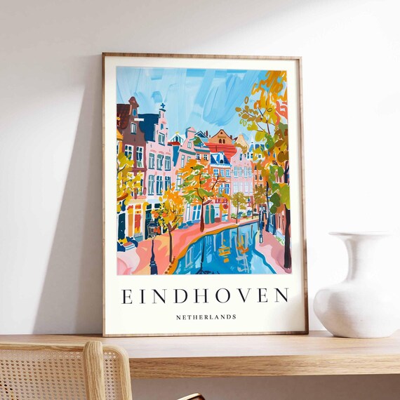 Eindhoven Netherlands Autumn Canal Houses Colorful Travel Poster Art