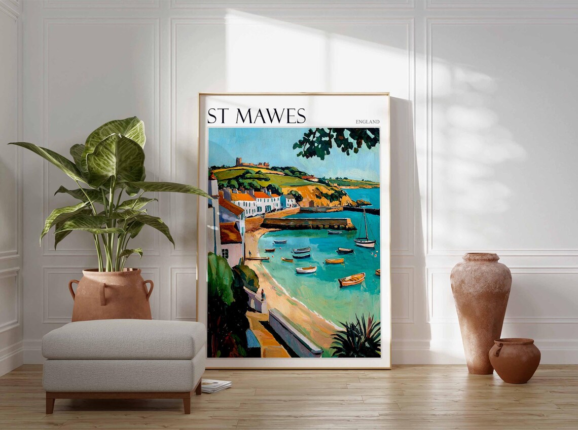 St Mawes England Turquoise Cove Boats and Cliffside Village Scene Poster - Image 2
