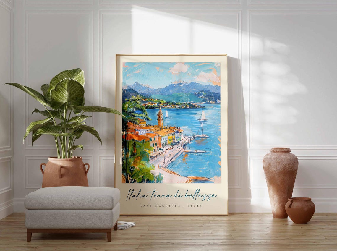Lake Maggiore Promenade Bell Tower Sailboats Sketch Travel Poster - Image 3