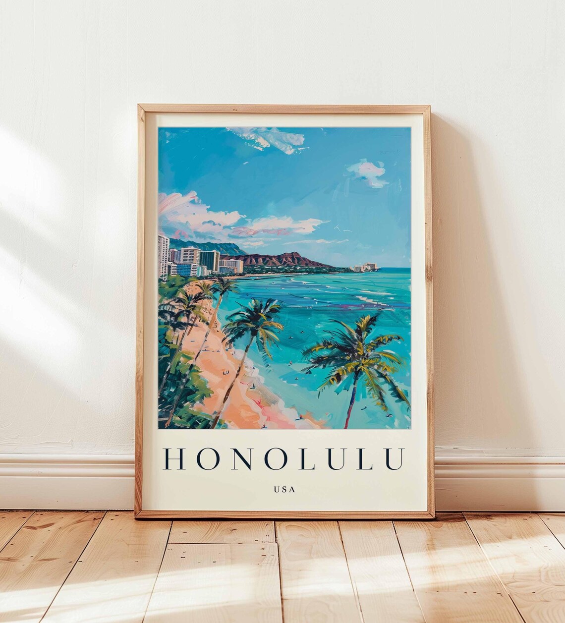 Honolulu Travel Poster, Waikiki Beach Oahu Hawaii