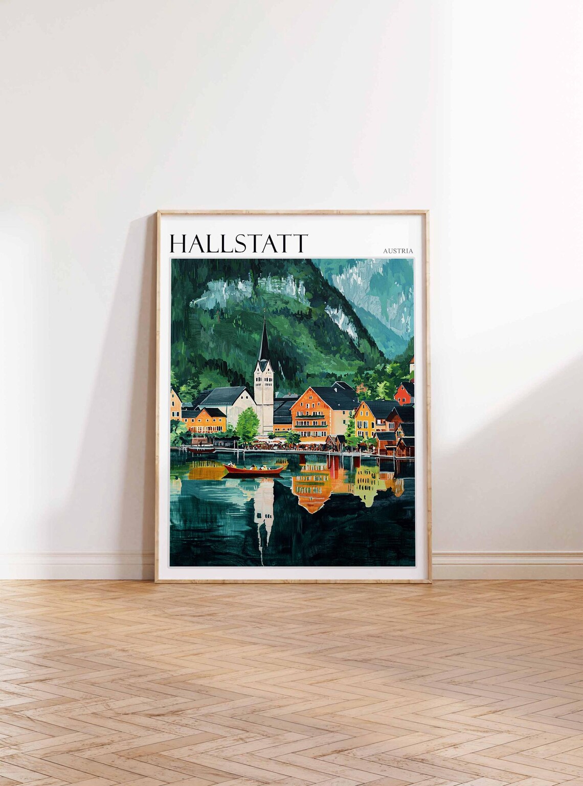 Hallstatt Austria Watercolor Red Boat Lake View Travel Poster - Image 4