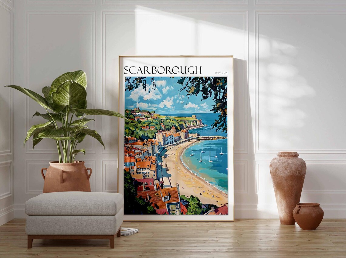 Scarborough England Rooftop Town Sandy Beach Sailboats View Poster - Image 2