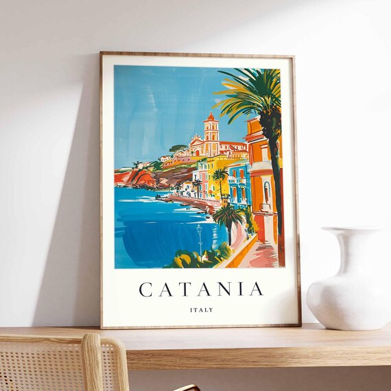 Catania Italy Colorful Seaside Town Palm Promenade Travel Poster
