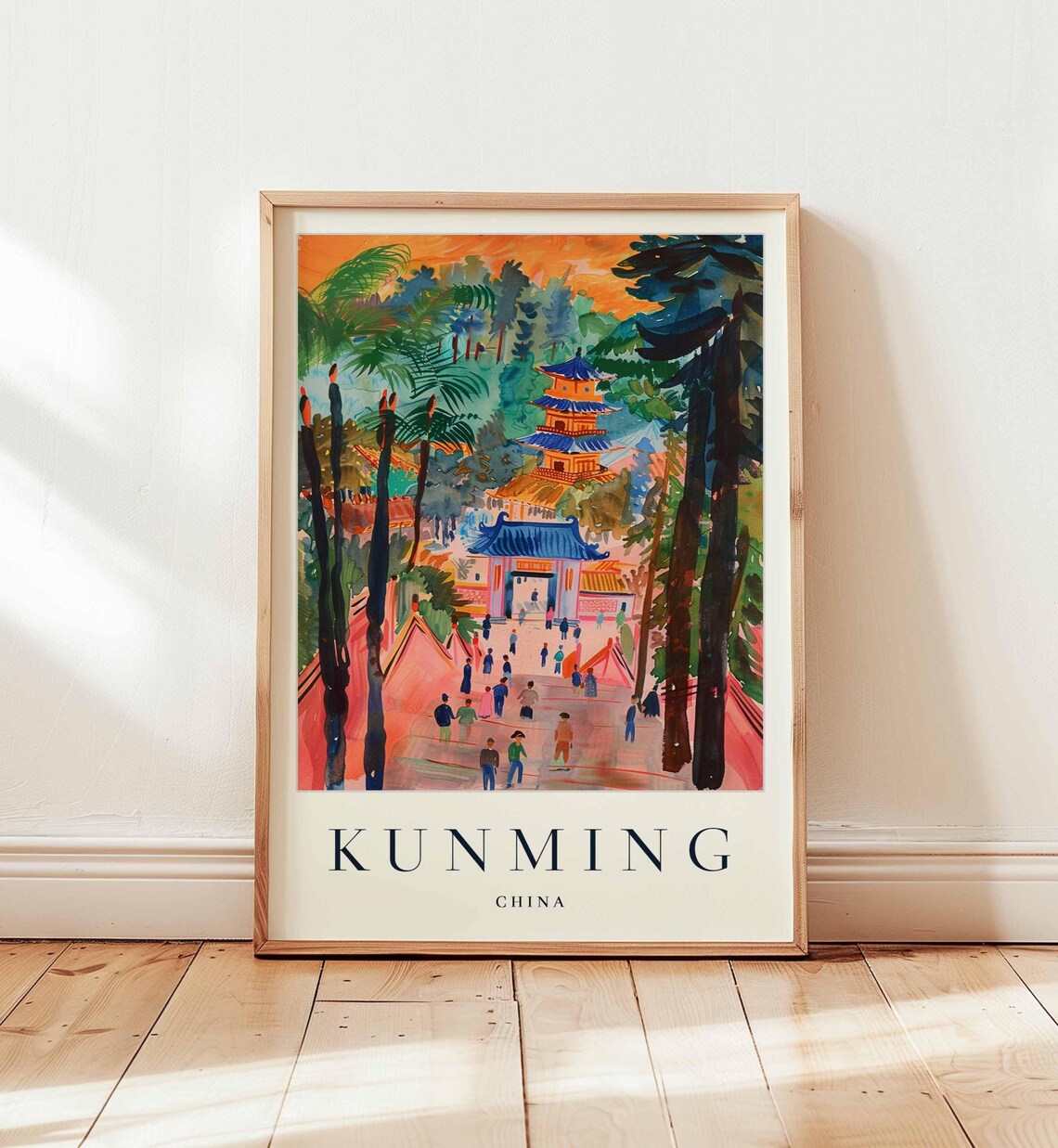 Kunming China Travel Poster Pagoda Temple Watercolor Sunset Palms Artwork
