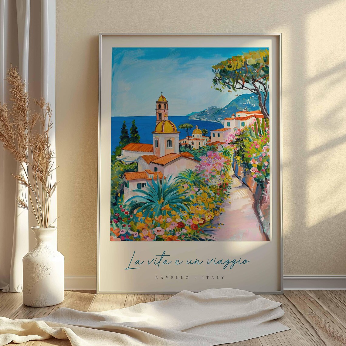 Ravello Italy Golden Dome Church Flower Path Vibrant Color Poster - Image 2