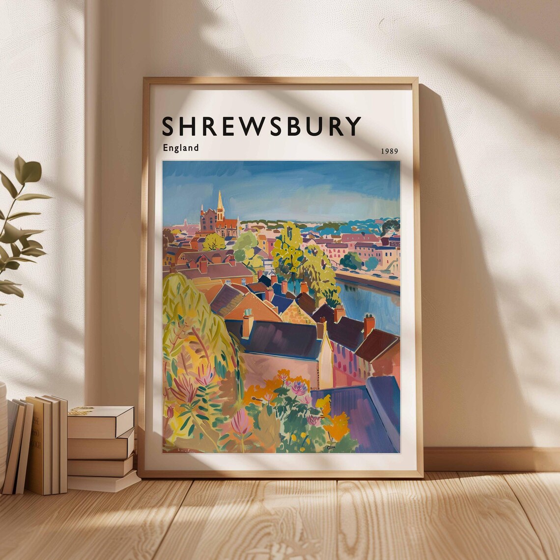 Shrewsbury England 1989 Colorful Painted Cityscape Church Spire Poster