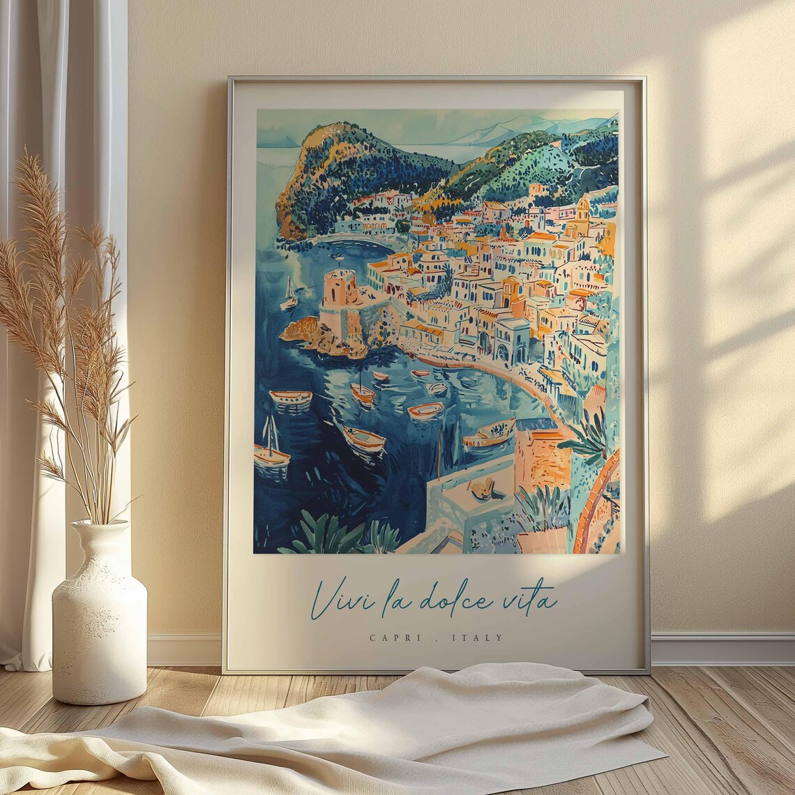 Vivi la Dolce Vita Capri Italy Harbor Boats Town View Poster - Image 2