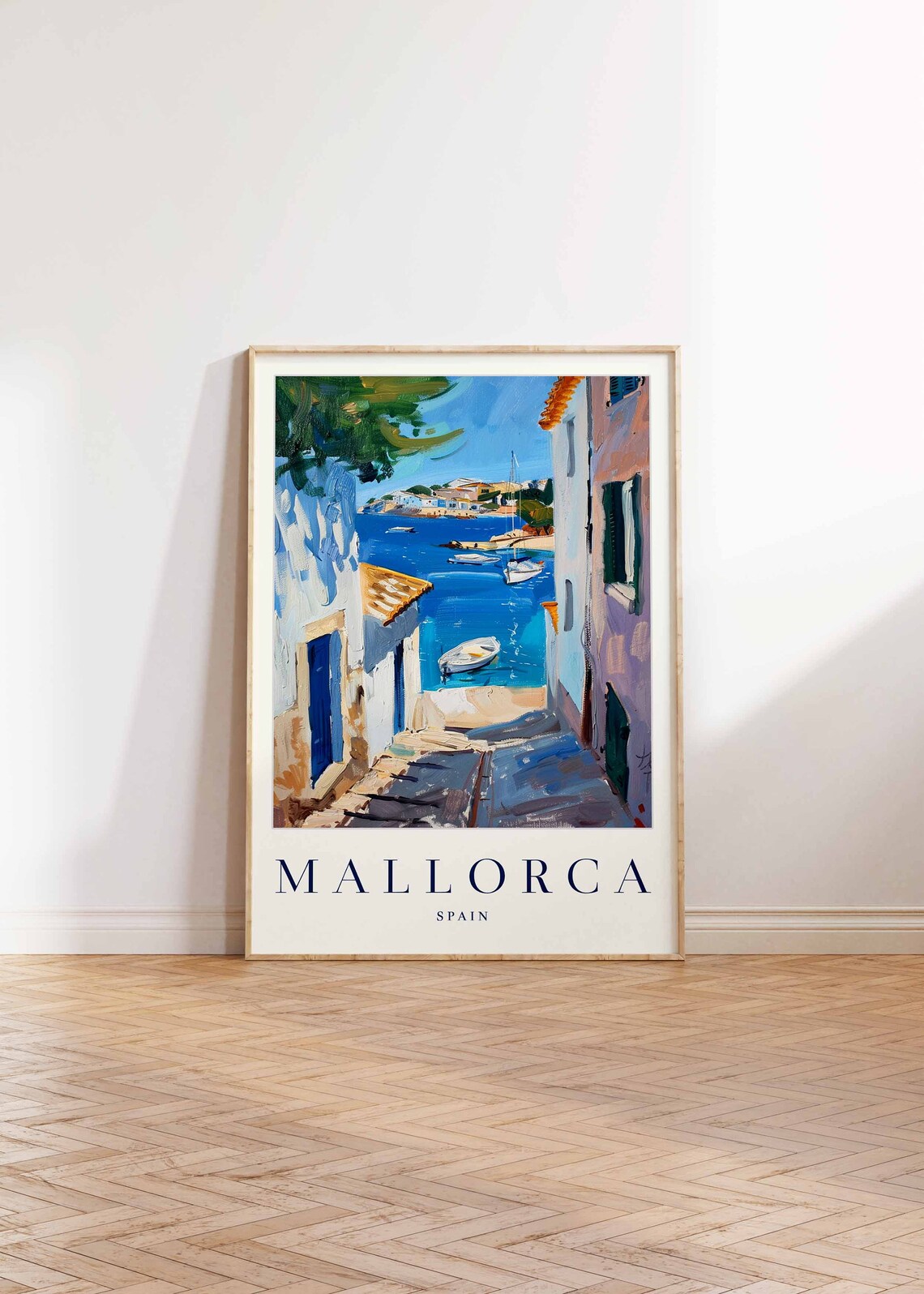 Mallorca Spain Sunlit Coastal Village Bay Boats Travel Poster - Image 2