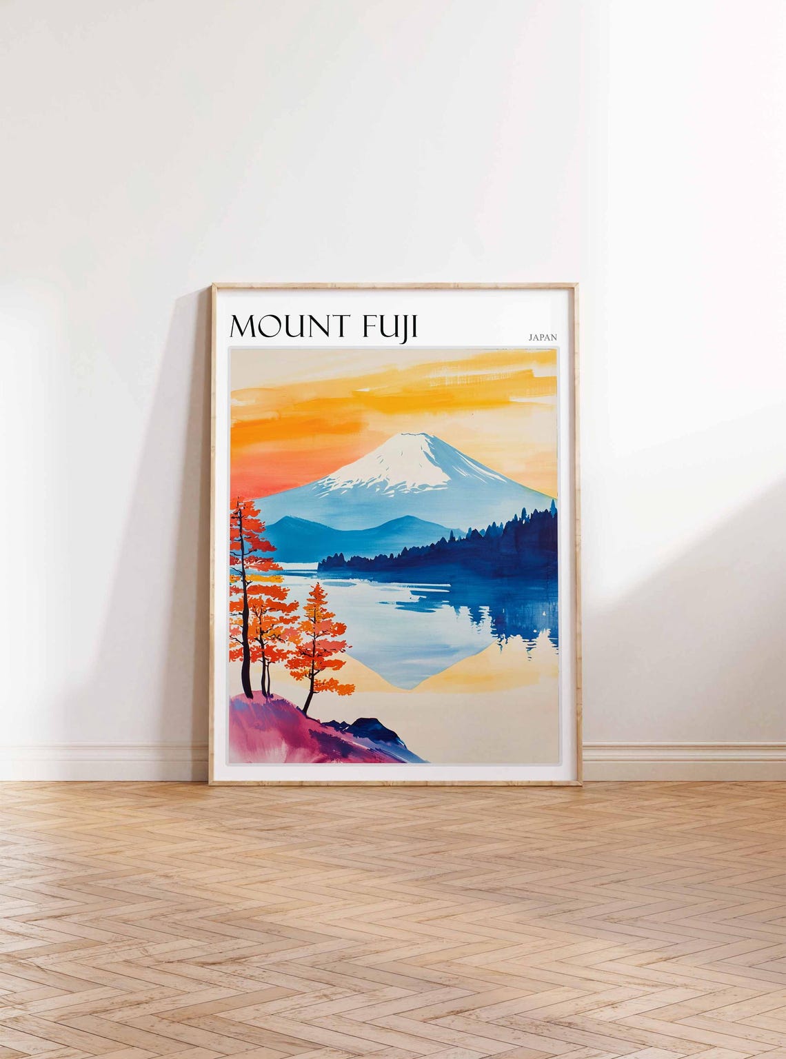 Mount Fuji Japan Orange Sunset Pines Lakeside Watercolor Poster - Image 2