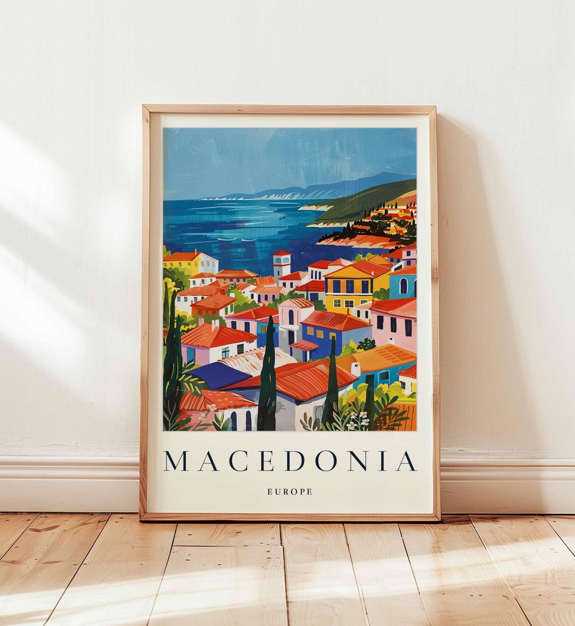 Macedonia Europe Hillside Coastal Town Painterly Travel Wall Art