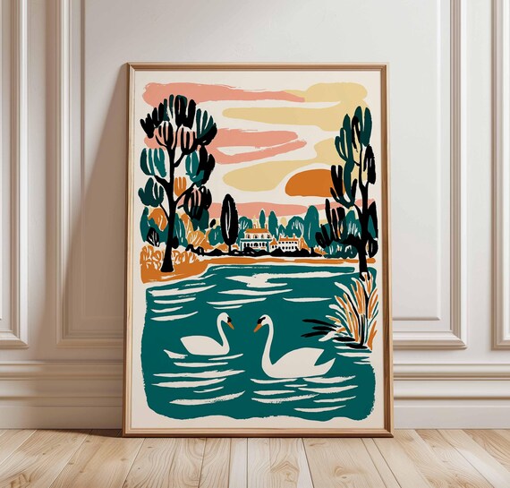 Two Swans Sunset Lake Classic House Linocut Nature Travel Poster
