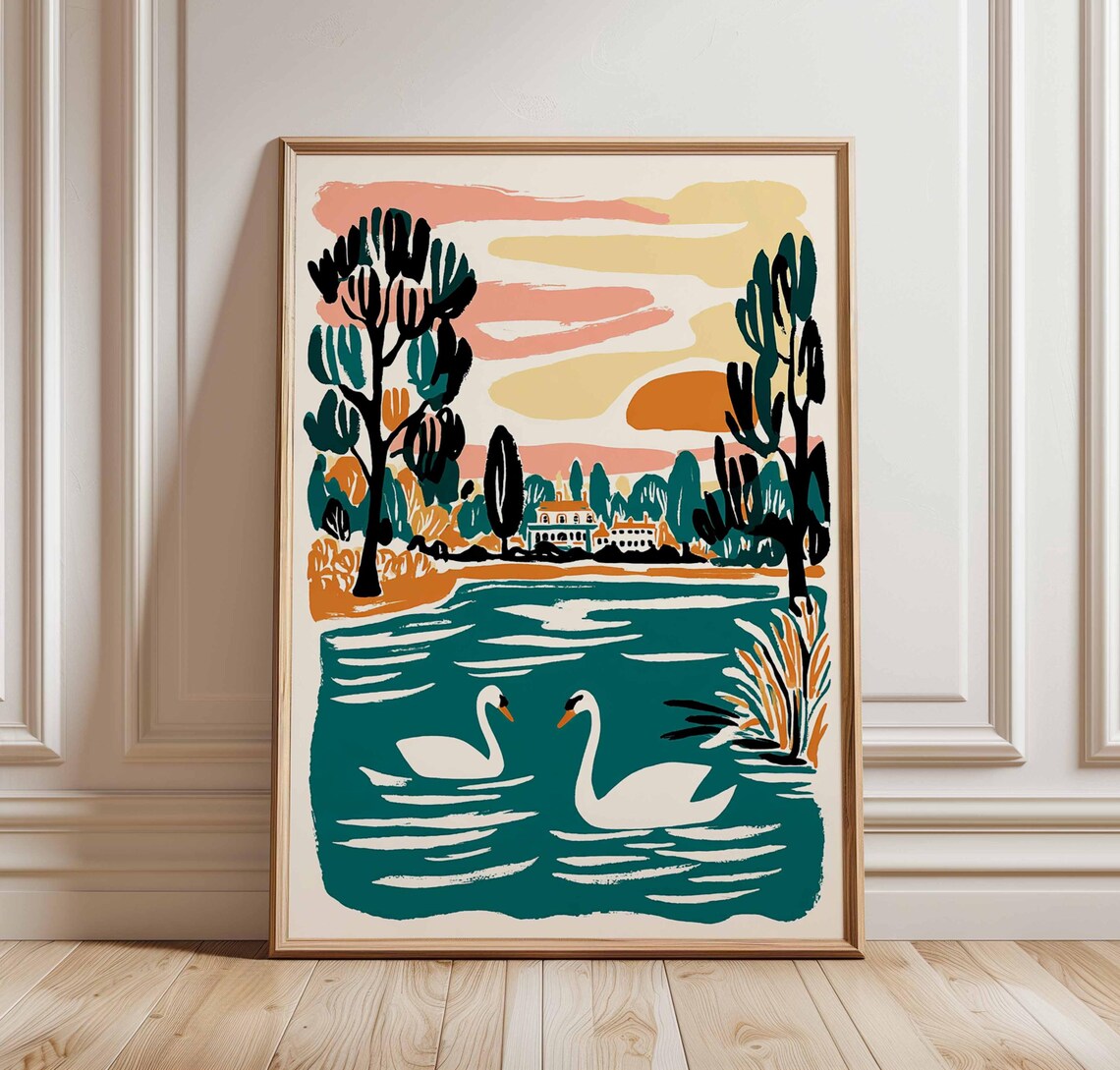 Two Swans Sunset Lake Classic House Linocut Nature Travel Poster