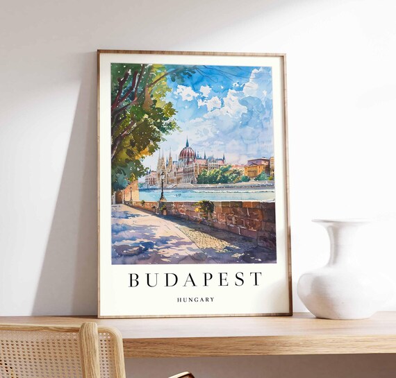 Budapest Danube Promenade Luminous Watercolor Parliament Dome Poster