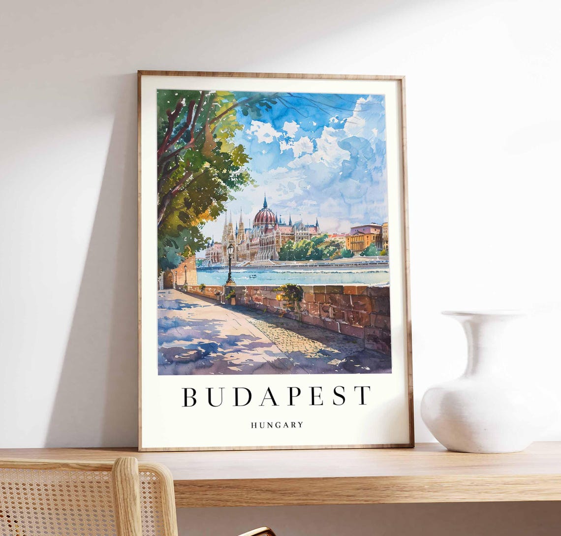 Budapest Danube Promenade Luminous Watercolor Parliament Dome Poster