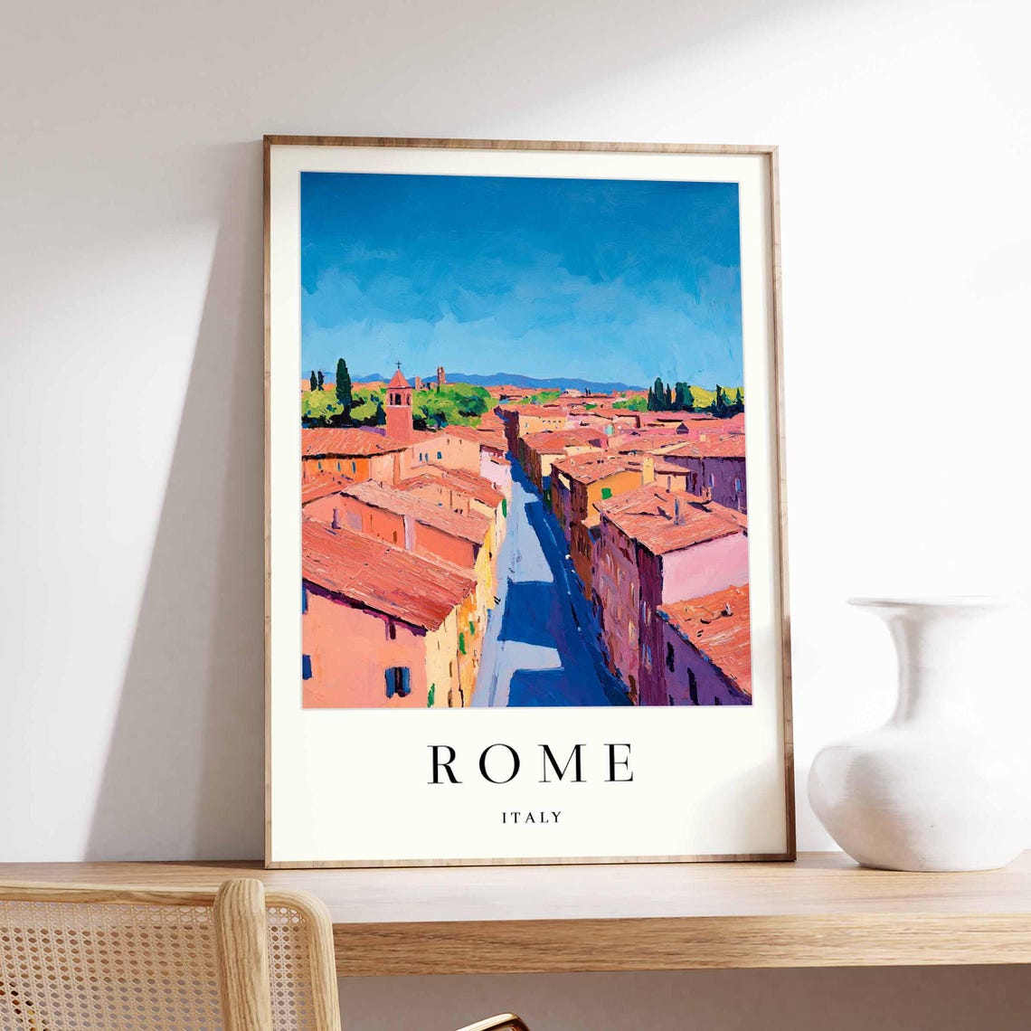 Rome Italy Aerial Street Over Terracotta Roofs Travel Poster