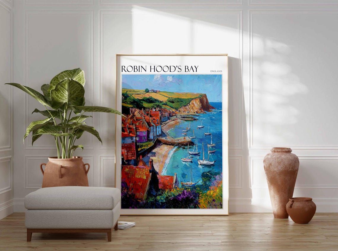 Robin Hood's Bay England Impasto Rooftops Sailboats Artwork Poster - Image 4