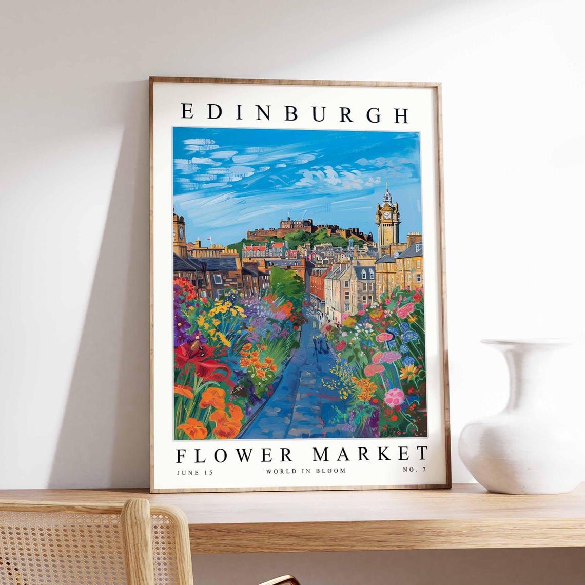 Edinburgh Flower Market Clock Tower Cobbled Flower Street Poster