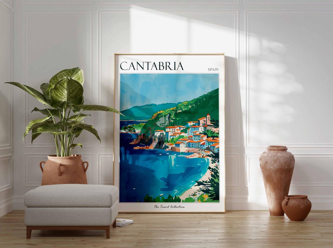 Cantabria Crescent Beach Green Rocky Cliffs Spain Travel Poster - Image 3
