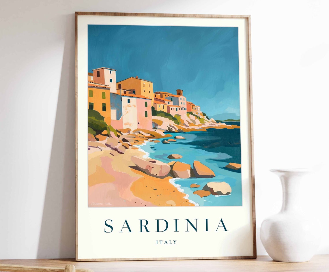 Sardinia Italy Cliffside Village Retro Seaside Travel Poster