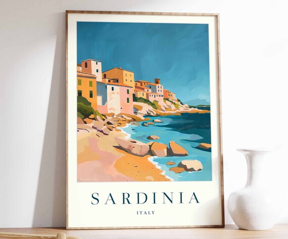 Sardinia Italy Cliffside Village Retro Seaside Travel Poster