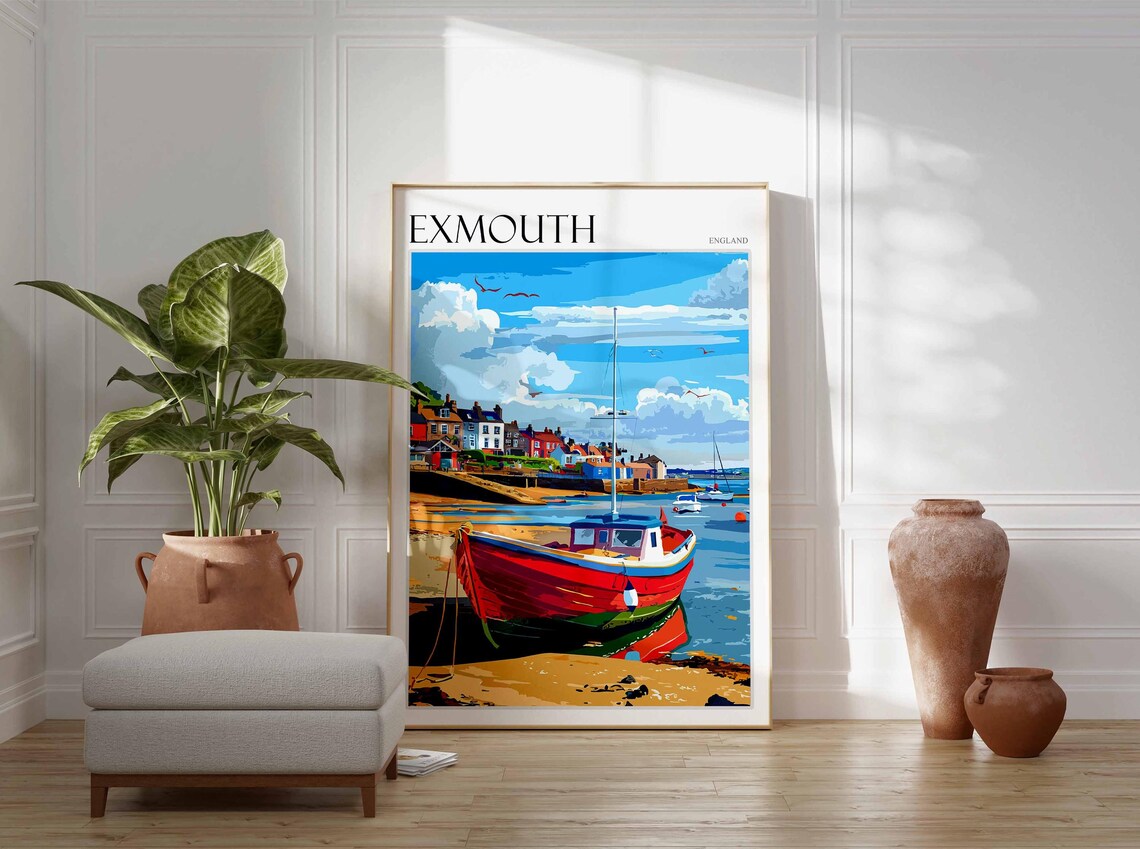 Exmouth England Red Fishing Boat Harbor Town Coastal Art Poster - Image 3