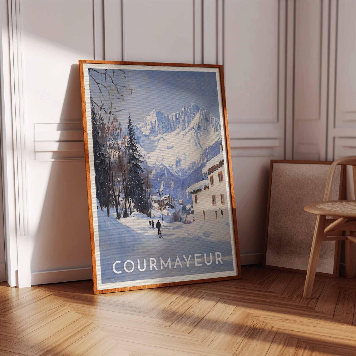 Courmayeur Italy Winter Street Poster with Skiers and Jagged Peaks - Image 2
