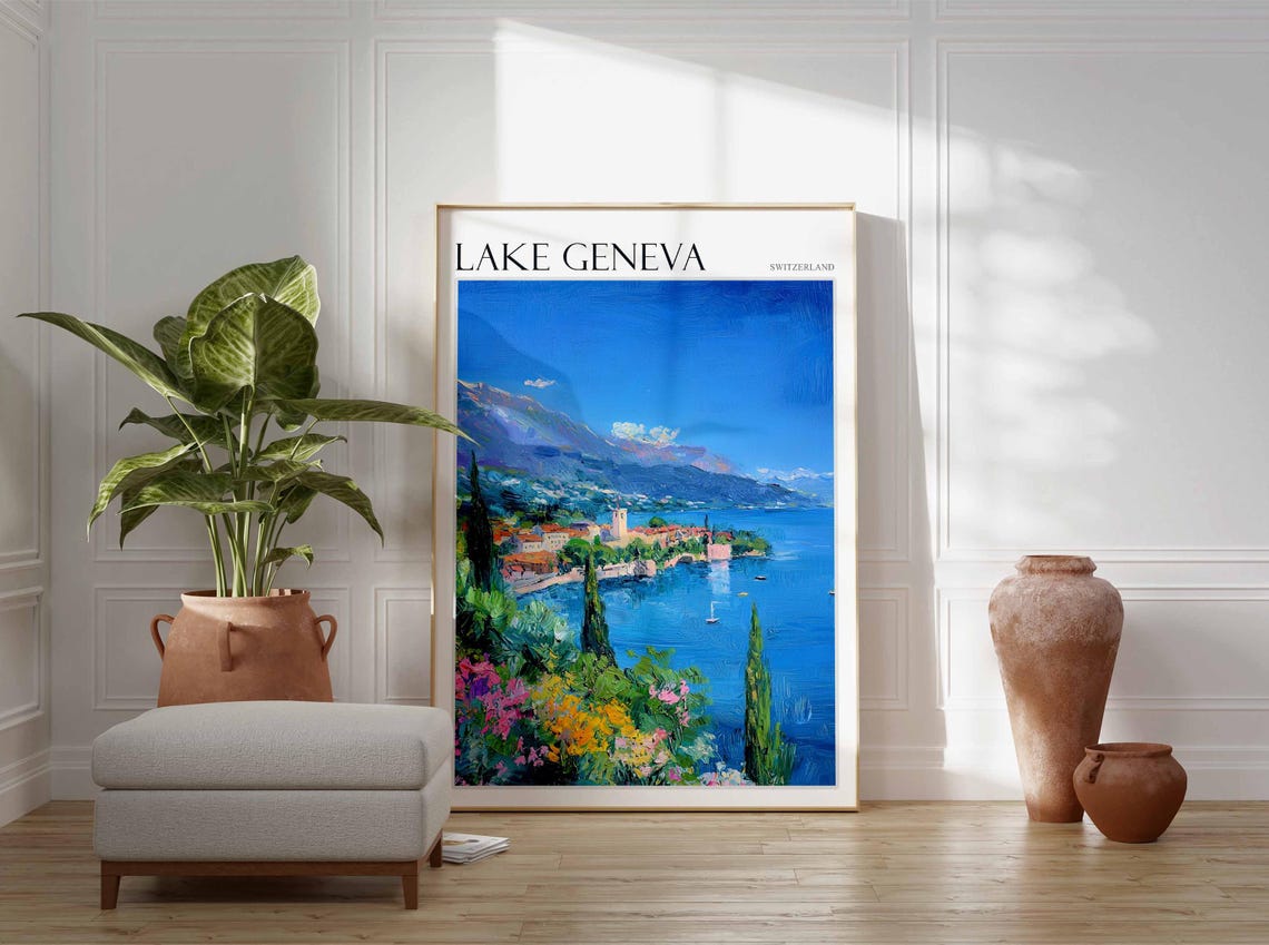 Lake Geneva Poster Switzerland Travel Print Swiss Decor Europe Travel Poster European Wall Art Lake Geneva Travel Poster - Image 2